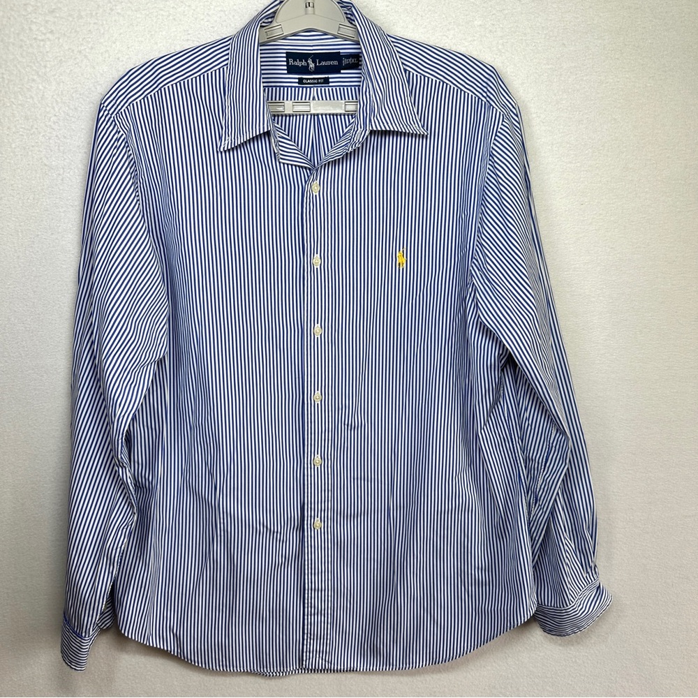 Ralph Lauren Classic Fit Button Down Shirt Men's 17 XL Blue White Striped Logo